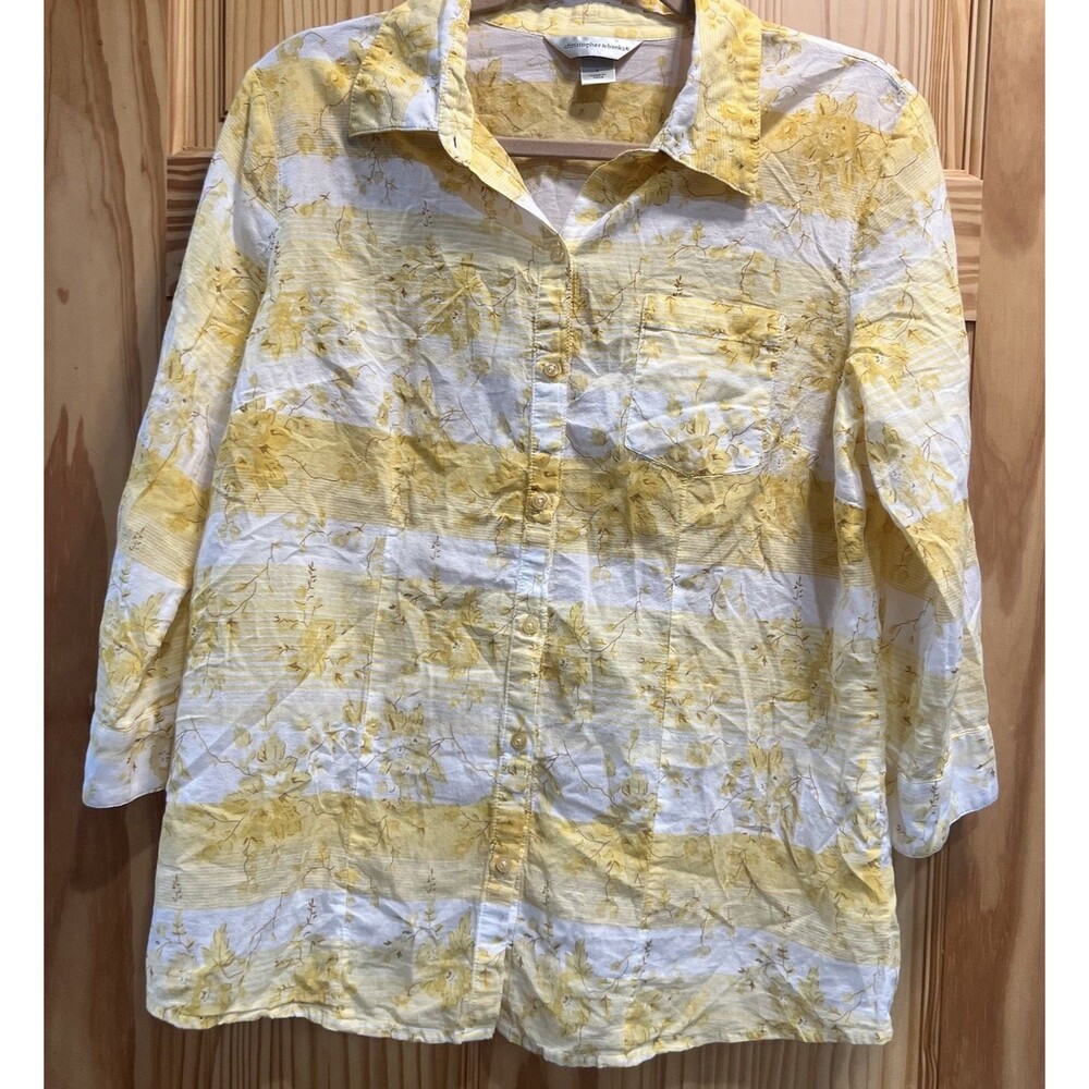 Christopher & Banks Women's Large Yellow Floral Striped Button Down Shirt